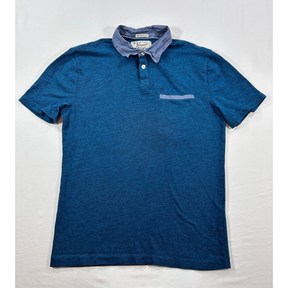 Original Penguin Heritage Slim Fit Polo Shirt Blue Short Sleeve Mens Small